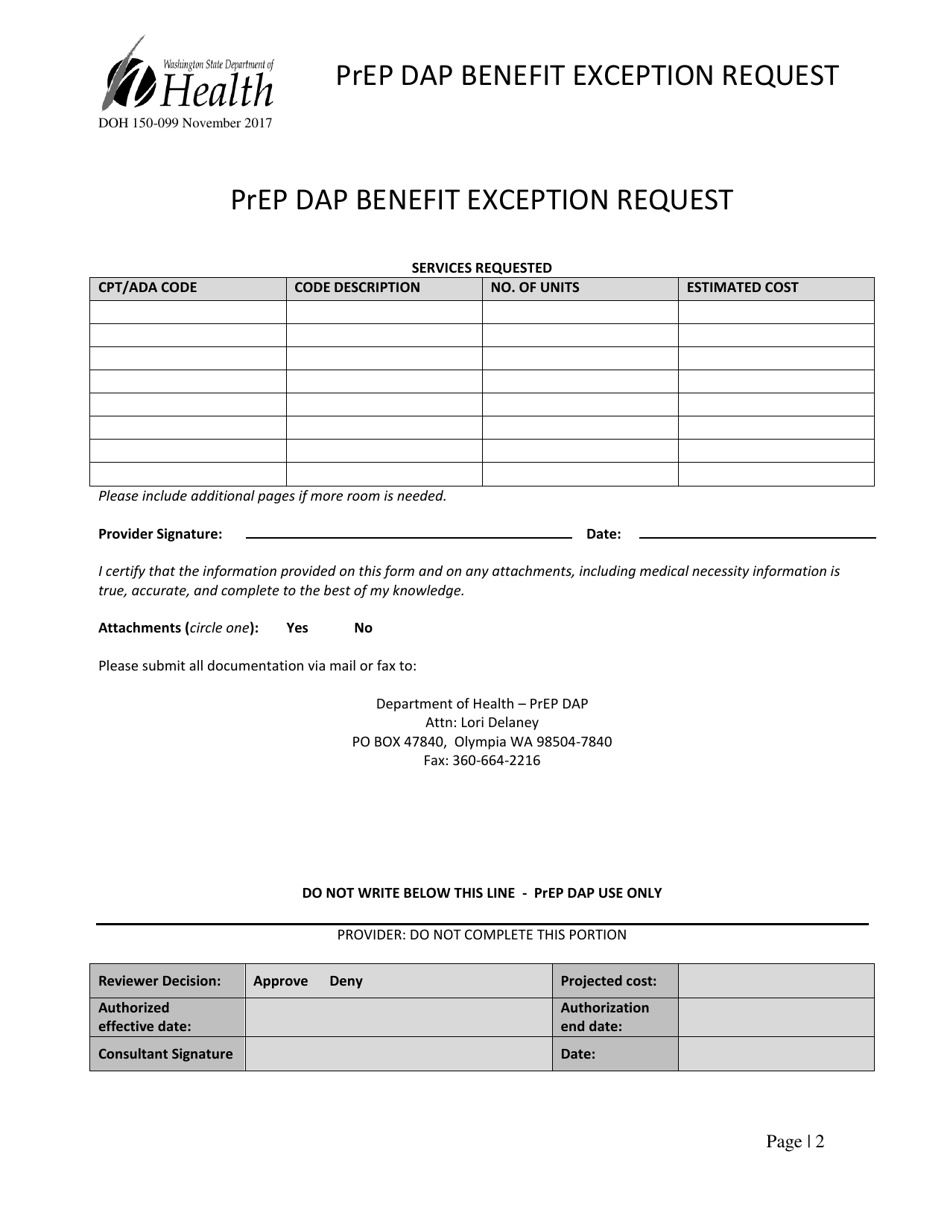 DOH Form 150-099 Prep Dap Benefit Exception Request - Washington, Page 2
