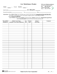 Document preview: DOH Form 344-010 Live Birth Roster (Weekly) - Washington