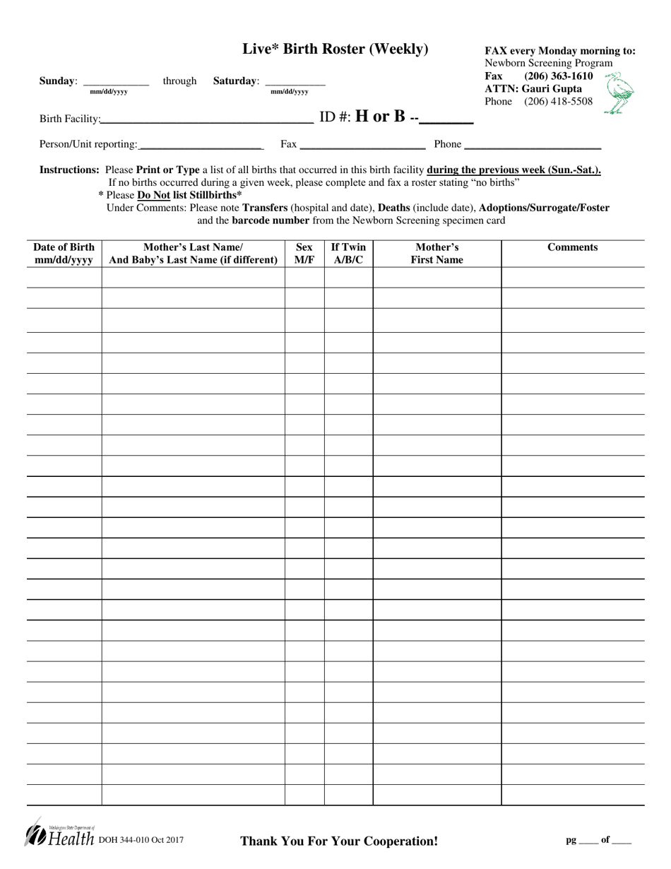 DOH Form 344-010 Live Birth Roster (Weekly) - Washington, Page 1