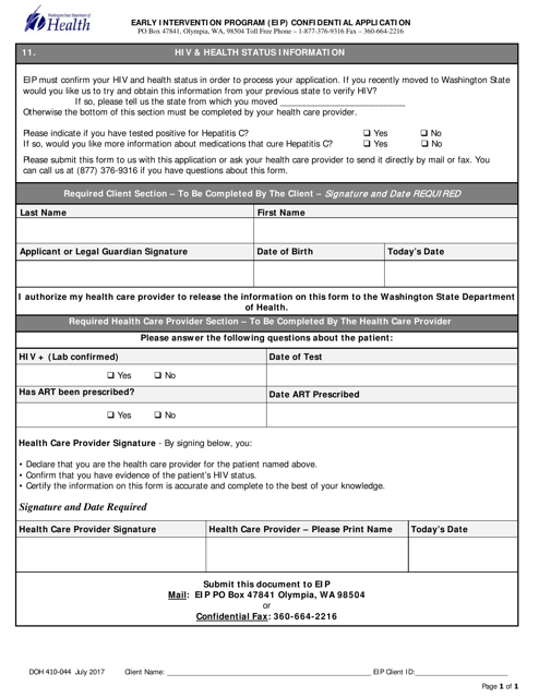 DOH Form 410-044 HIV & Health Status Information - Early Intervention Program (Eip) Confidential Application - Washington