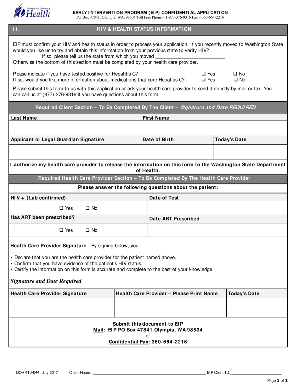 DOH Form 410-044 HIV  Health Status Information - Early Intervention Program (Eip) Confidential Application - Washington, Page 1