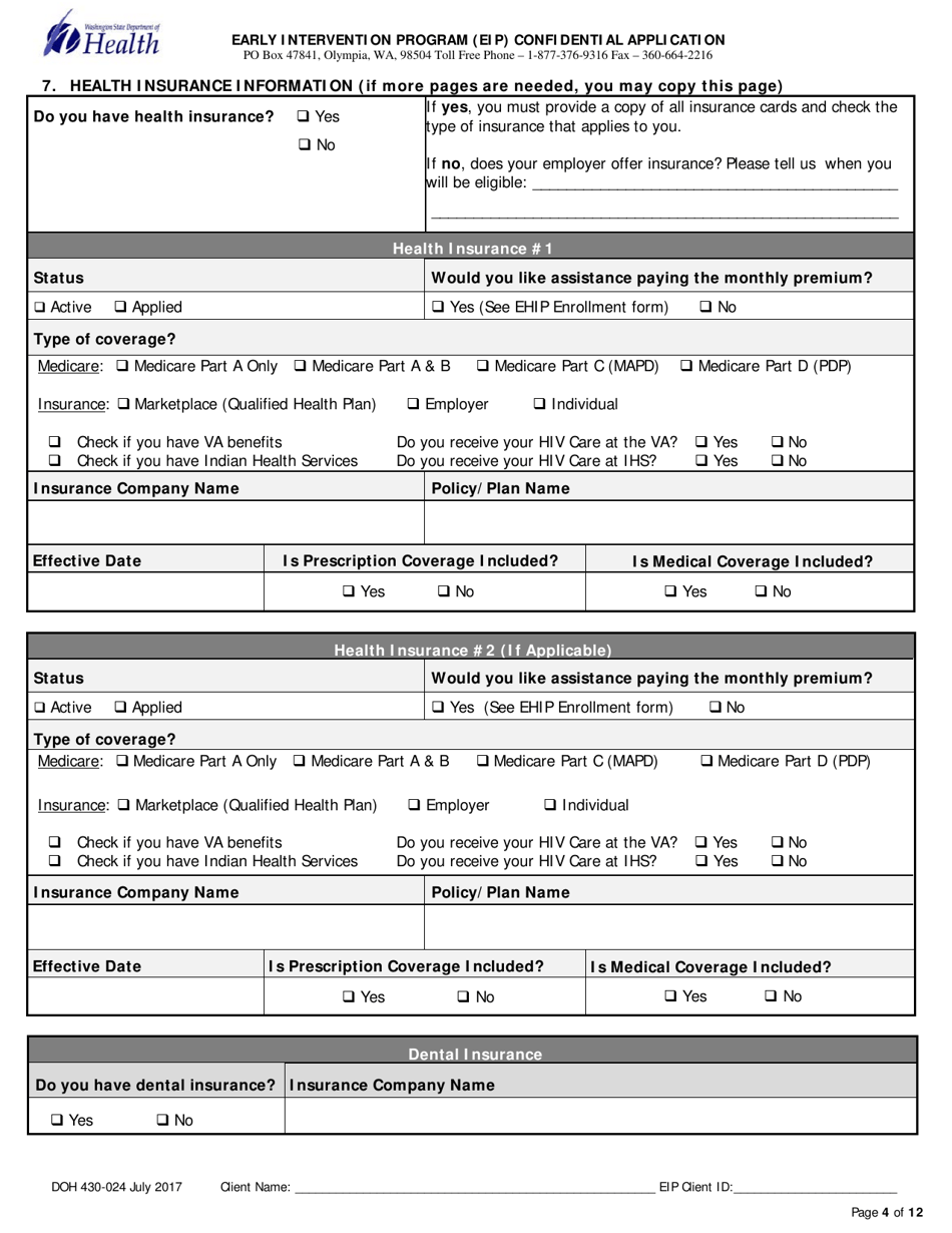 DOH Form 430-024 Early Intervention Program (Eip) Confidential Application - Washington, Page 4