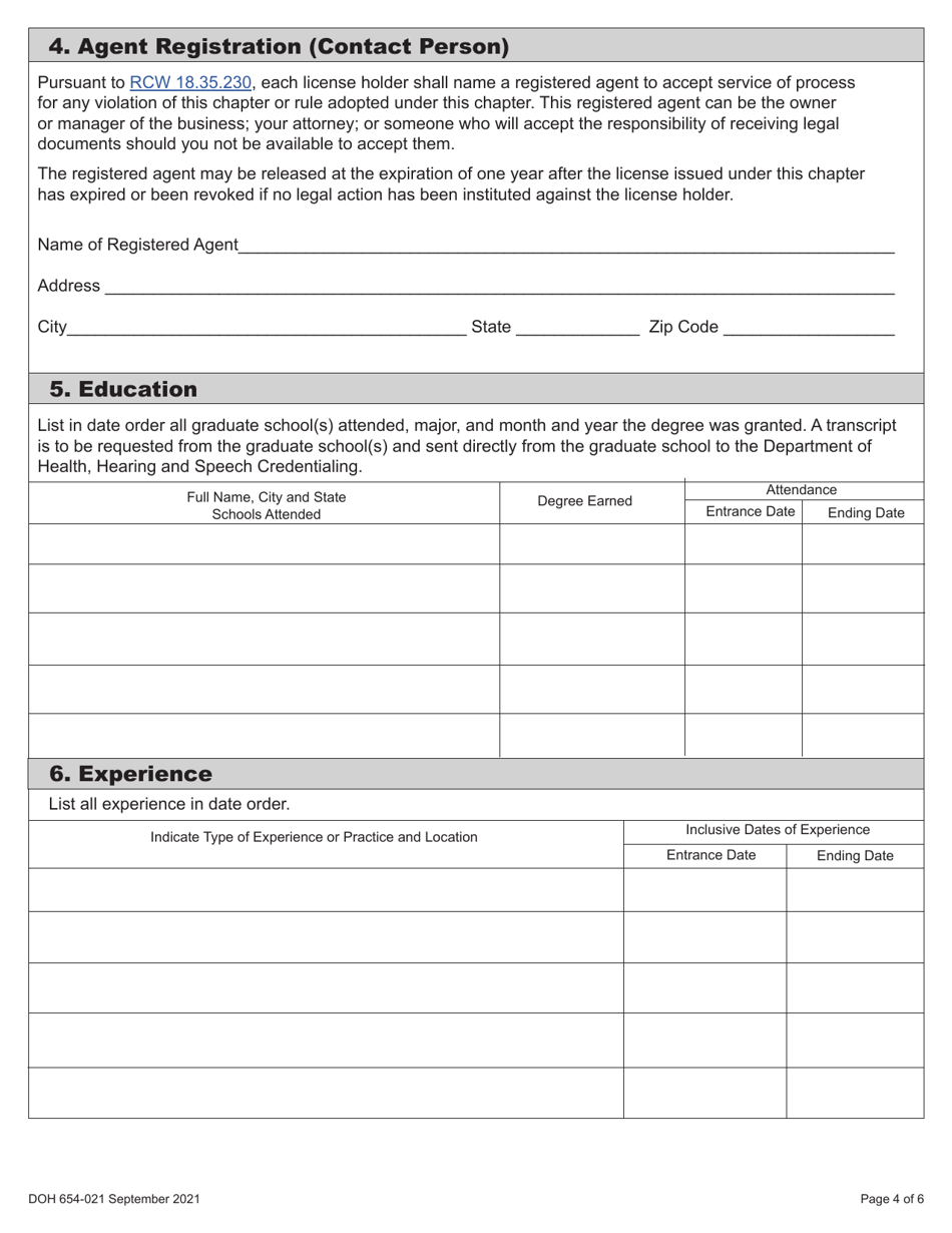 DOH Form 654-021 Audiologist License Application Packet - Washington, Page 10