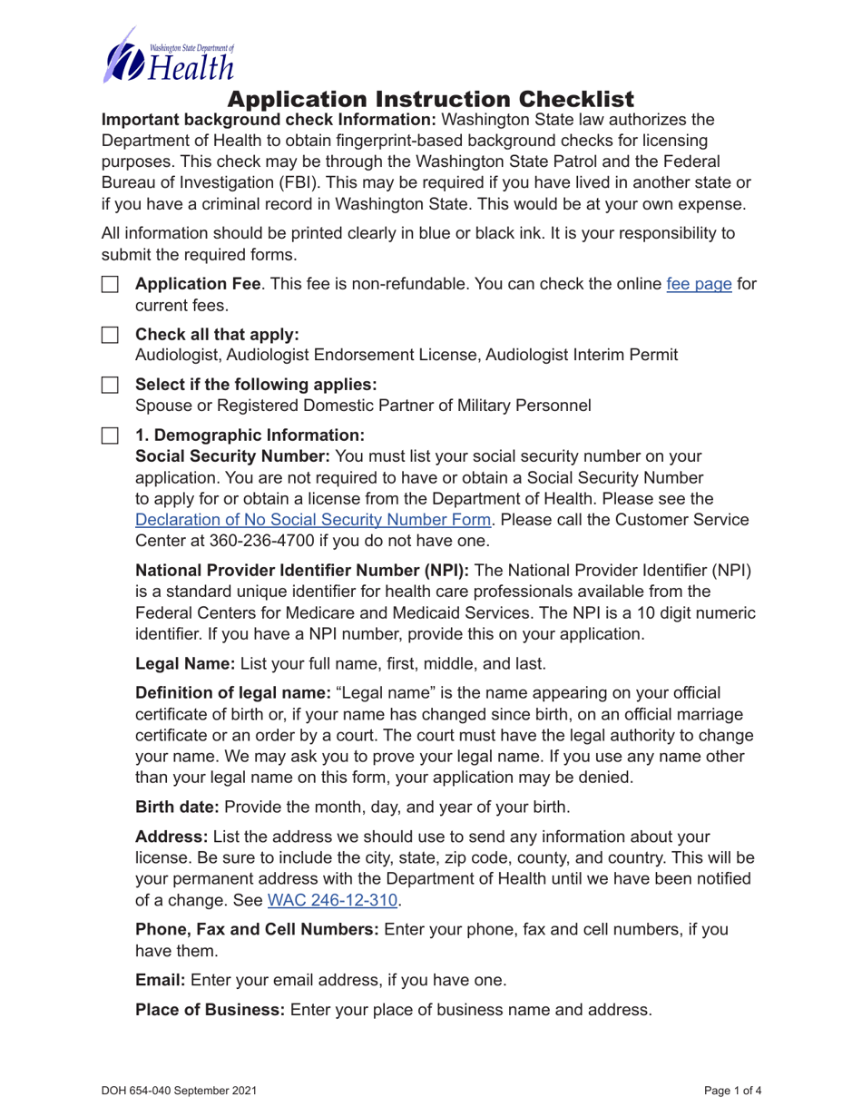 DOH Form 654-021 Audiologist License Application Packet - Washington, Page 3