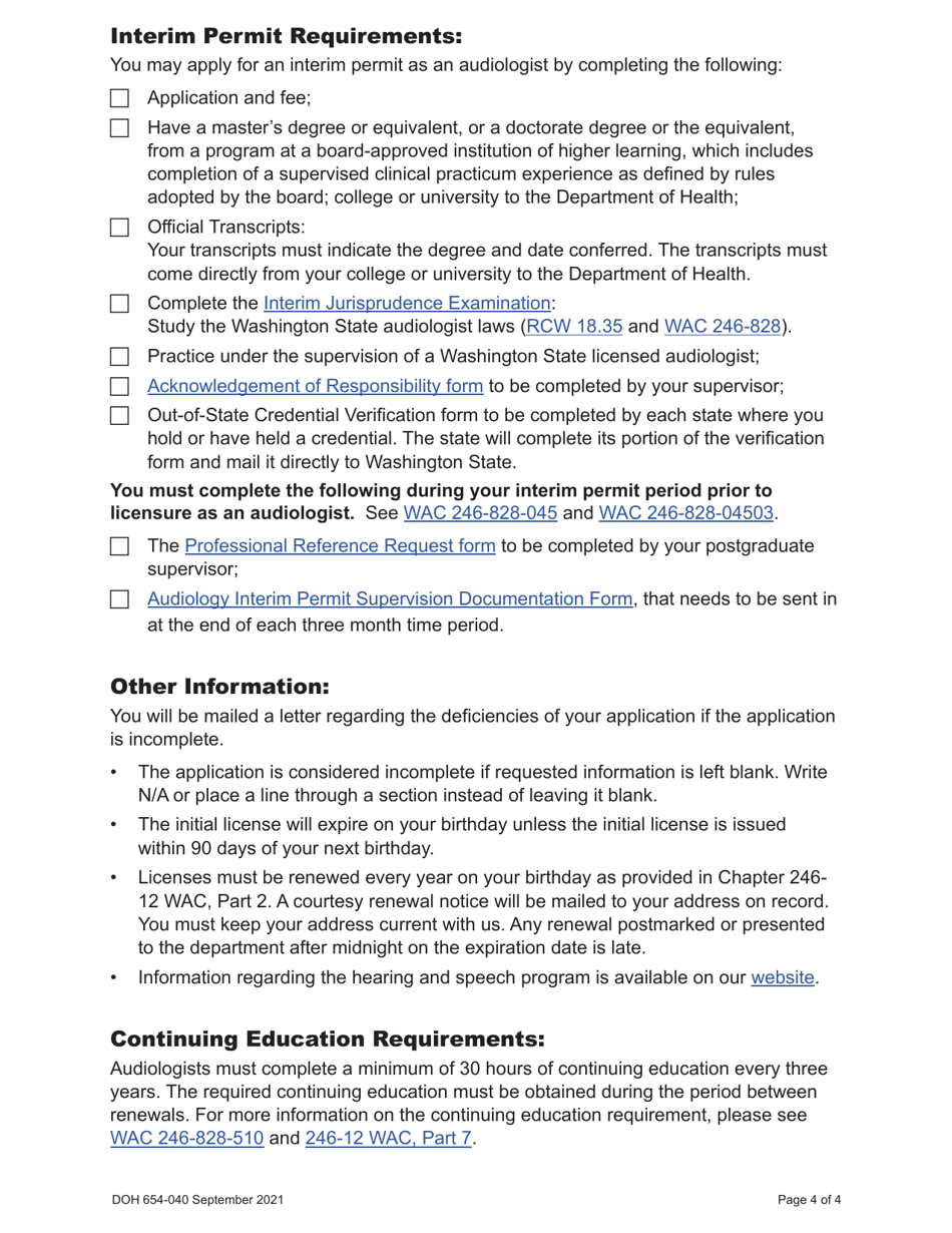 DOH Form 654-021 Audiologist License Application Packet - Washington, Page 6