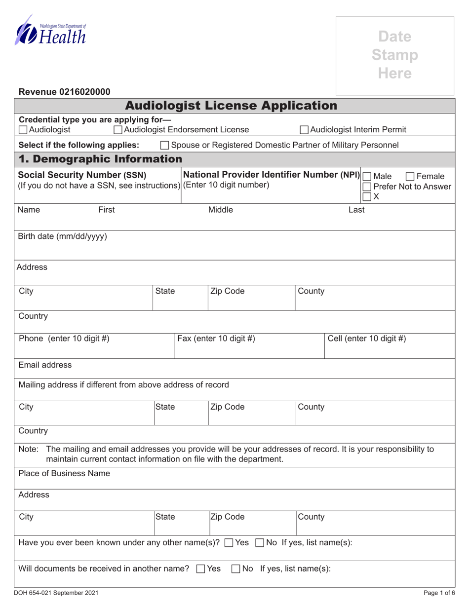 DOH Form 654-021 Audiologist License Application Packet - Washington, Page 7