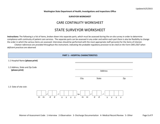 Document preview: Care Continuity Worksheet, State Surveyor Worksheet - Washington