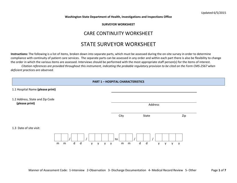 Care Continuity Worksheet, State Surveyor Worksheet - Washington Download Pdf