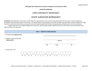 Care Continuity Worksheet, State Surveyor Worksheet - Washington