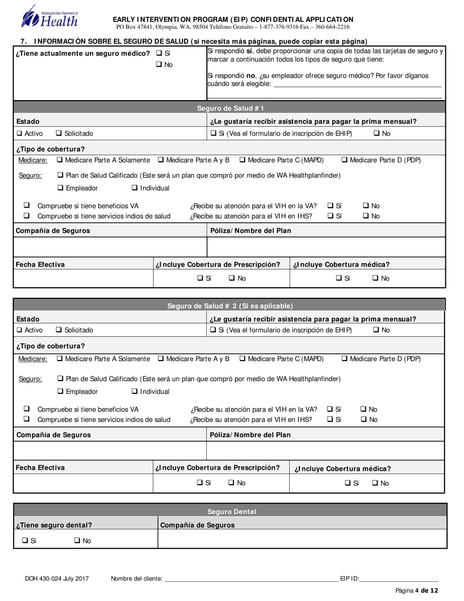 DOH Formulario 430-024 Programa De Intervencion Temprana (Eip) Solicitud Confidencial Para Nuevos Clientes - Washington (Spanish), Page 4