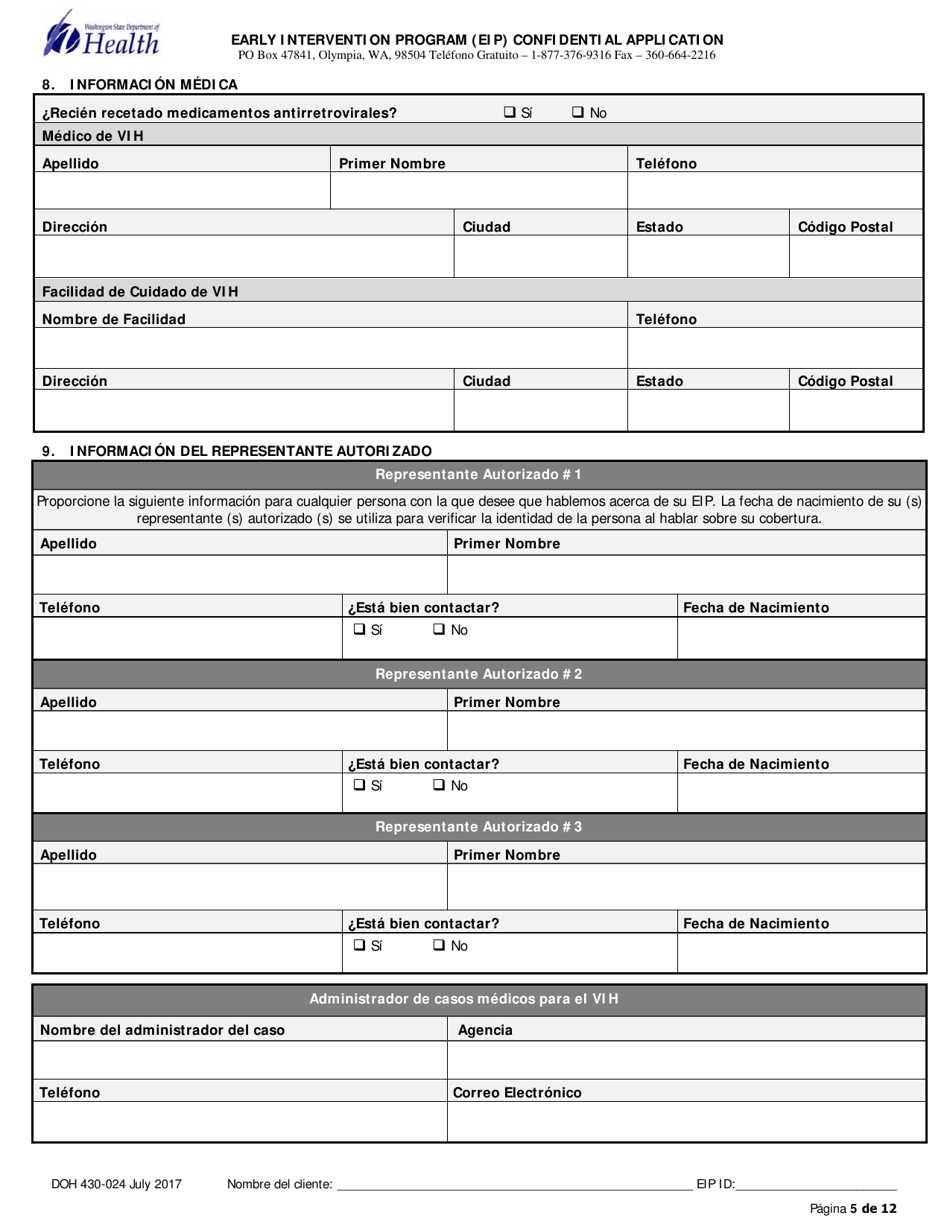 DOH Formulario 430-024 Programa De Intervencion Temprana (Eip) Solicitud Confidencial Para Nuevos Clientes - Washington (Spanish), Page 5