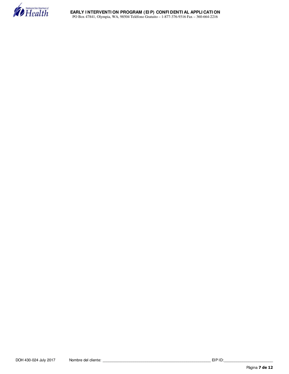 DOH Formulario 430-024 Programa De Intervencion Temprana (Eip) Solicitud Confidencial Para Nuevos Clientes - Washington (Spanish), Page 7