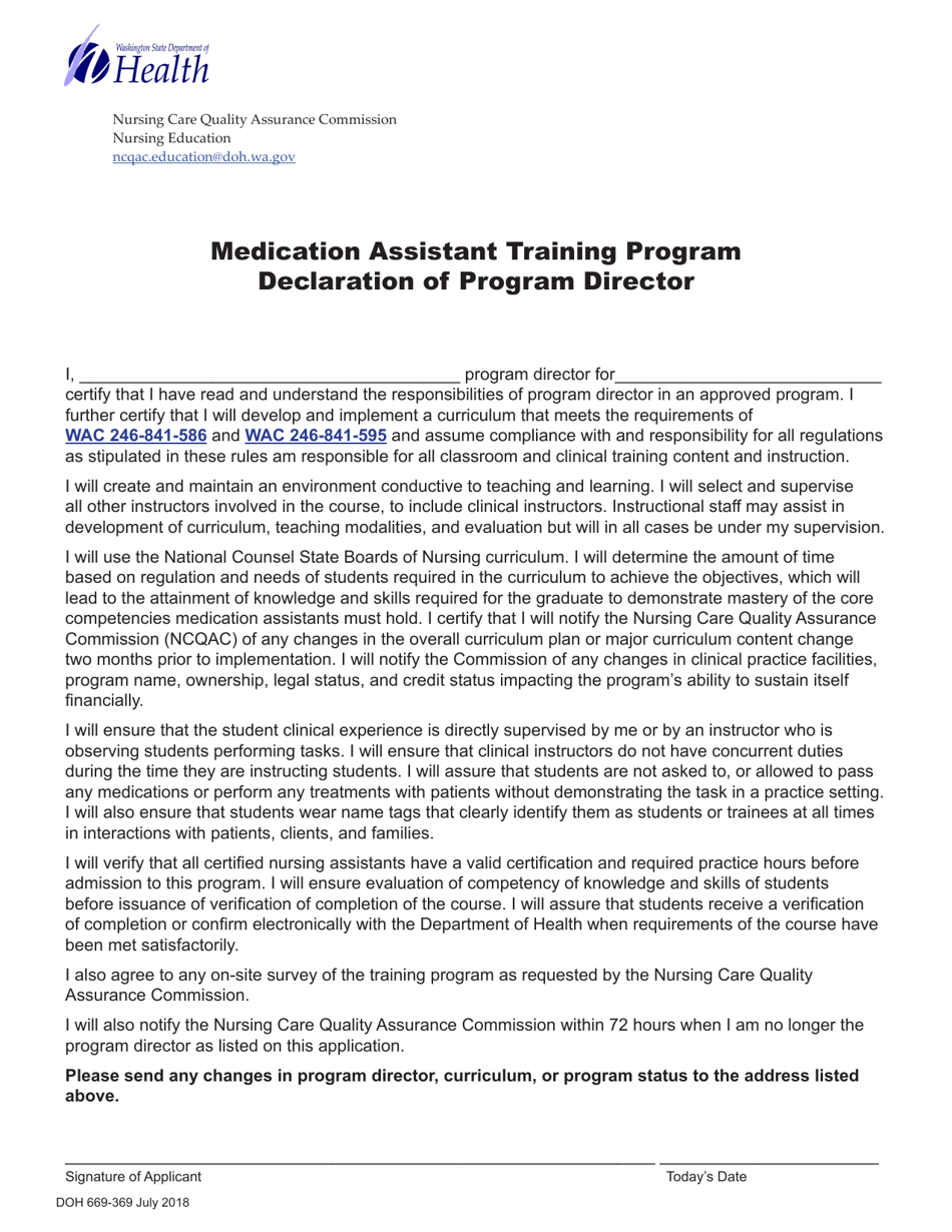 DOH Form 669-369 Declaration of Program Director - Medication Assistant Training Program - Washington, Page 1