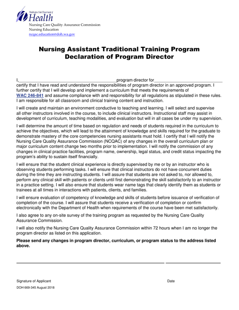 DOH Form 669-345 Declaration of Program Director - Nursing Assistant Traditional Training Program - Washington
