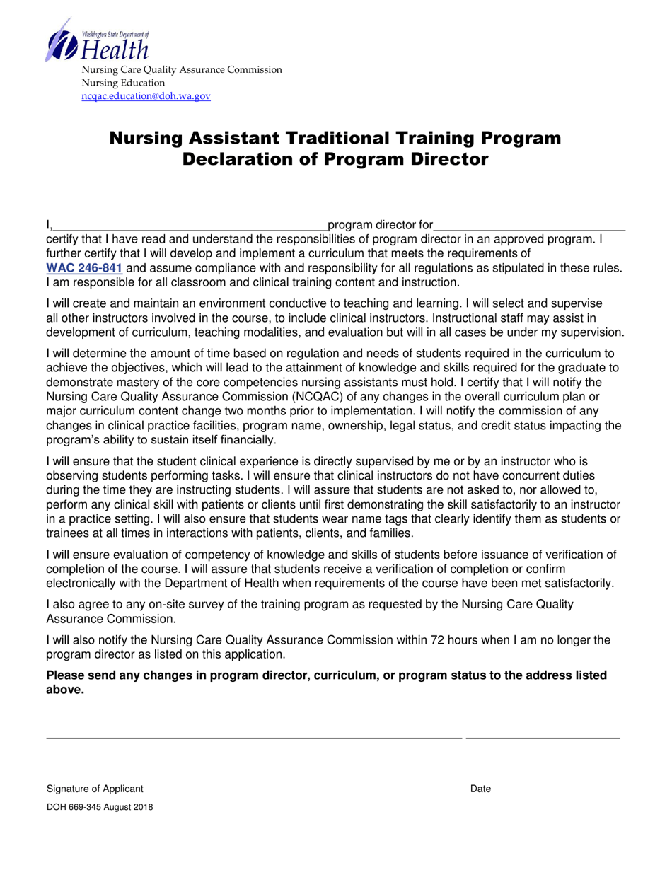 DOH Form 669-345 Declaration of Program Director - Nursing Assistant Traditional Training Program - Washington, Page 1