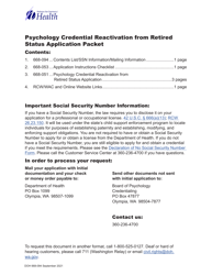 Document preview: DOH Form 668-051 Psychologist Credential Reactivation From Retired Status Application - Washington