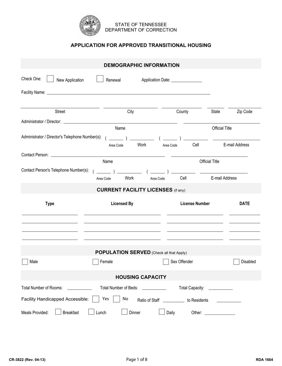 Form CR-3822 Application for Approved Transitional Housing - Tennessee, Page 1