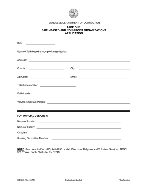 Form CR-3865 Take One Faith-Based and Non-profit Organizations Application - Tennessee