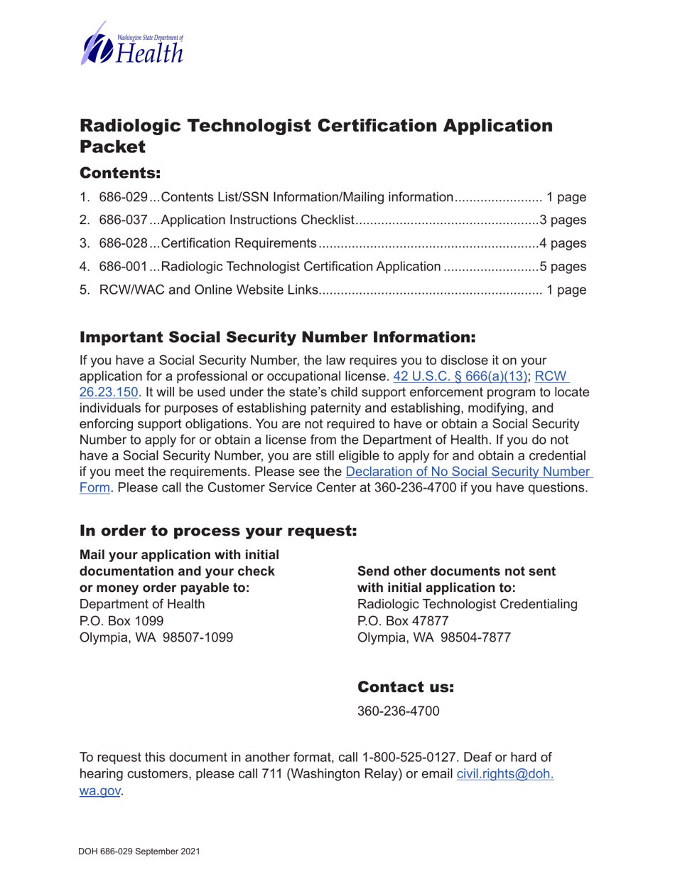 DOH Form 686-001 Radiologic Technologist Certification Application - Washington, Page 1