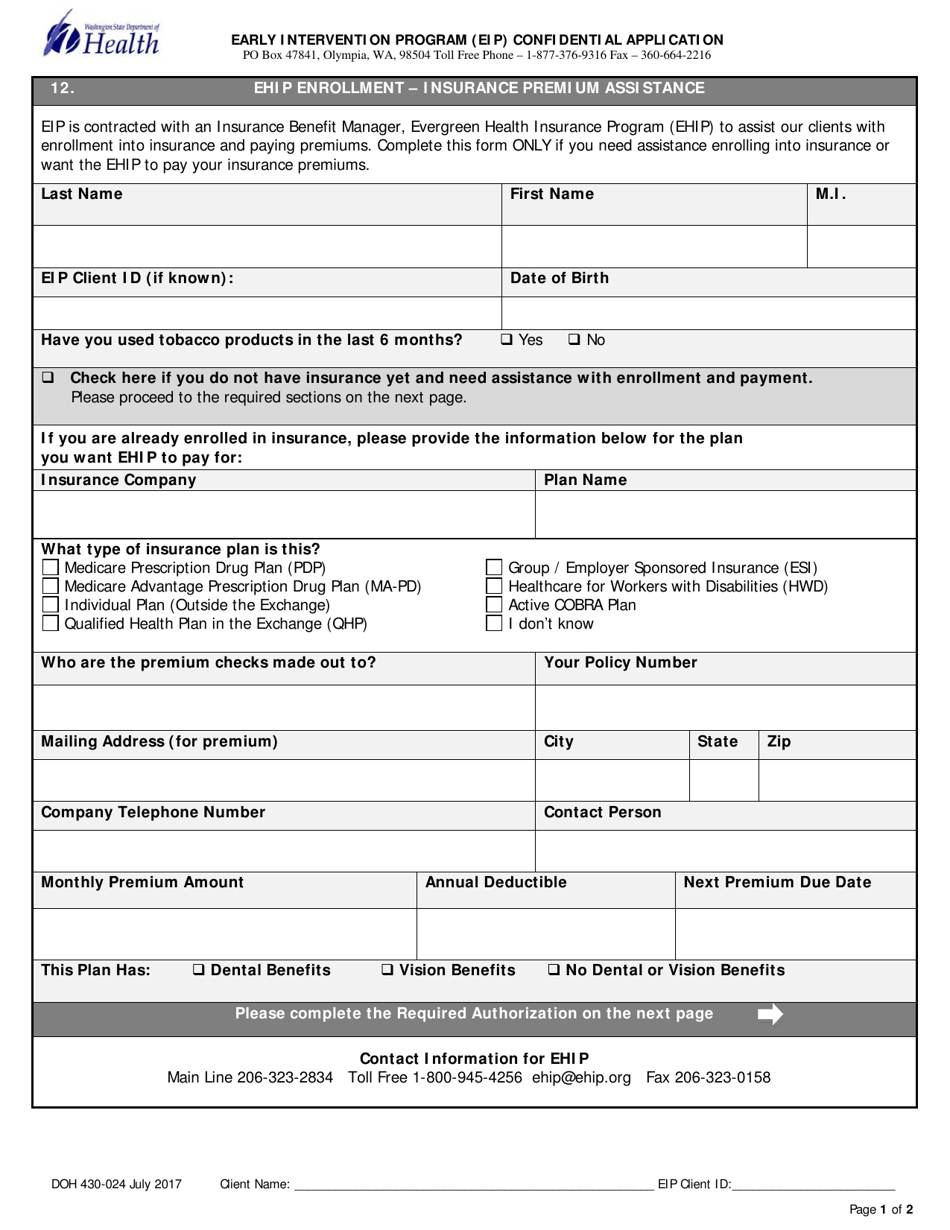 DOH Form 430-024 Early Intervention Program (Eip) Confidential Application - Ehip Enrollment - Insurance Premium Assistance - Washington, Page 1