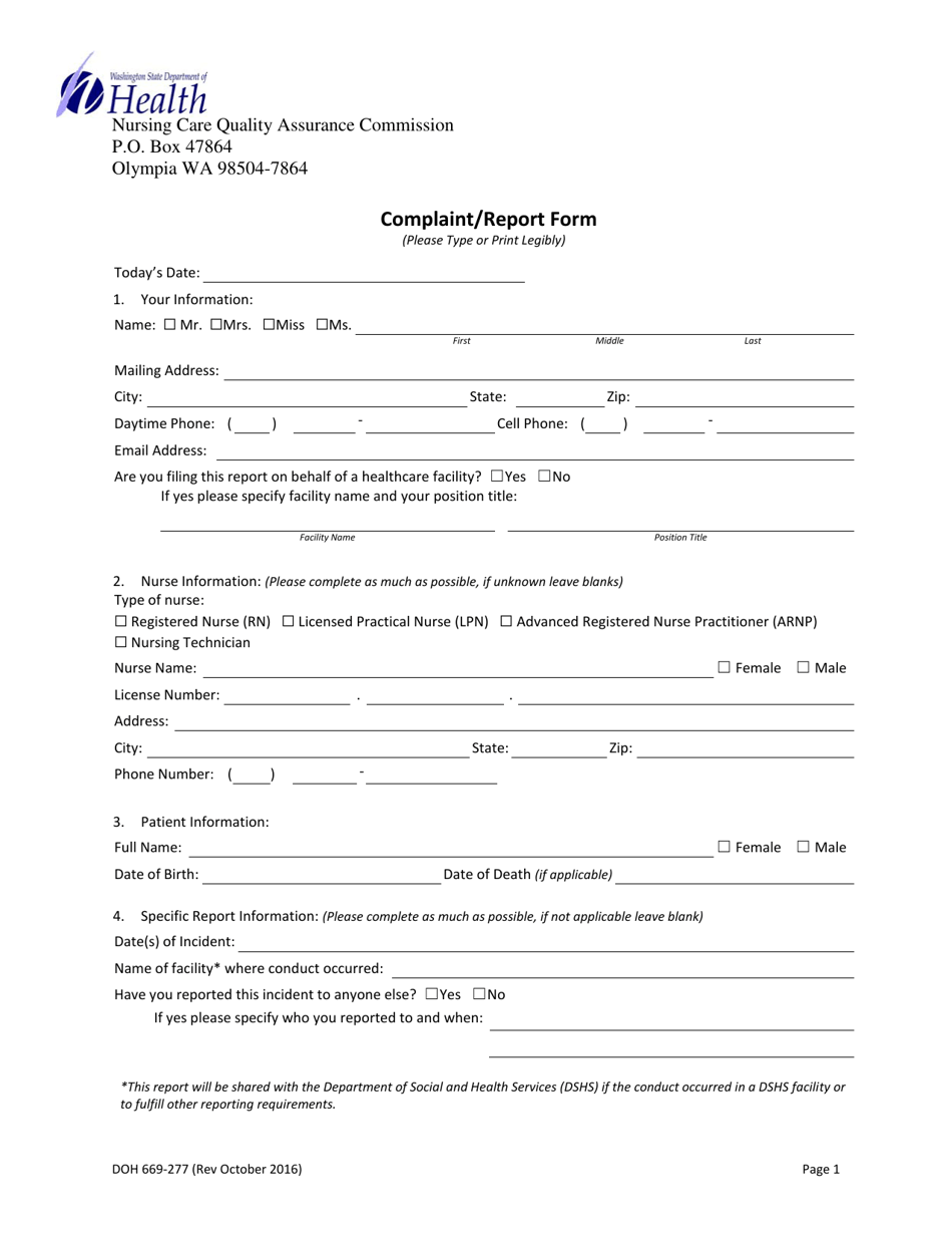 DOH Form 669-277 Complaint / Report Form - Washington, Page 1