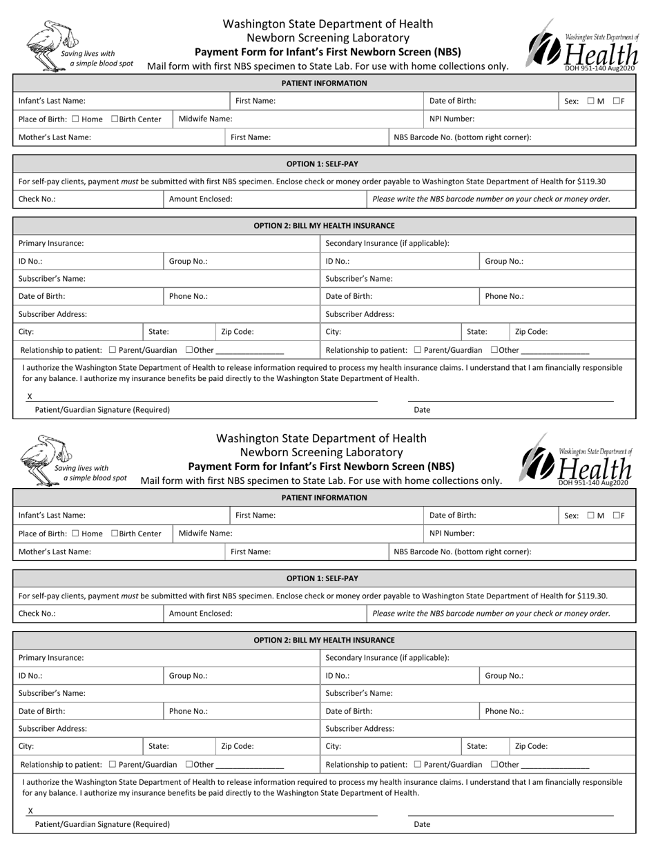 DOH Form 951-140 Payment Form for Infants First Newborn Screen (Nbs) - Washington, Page 1