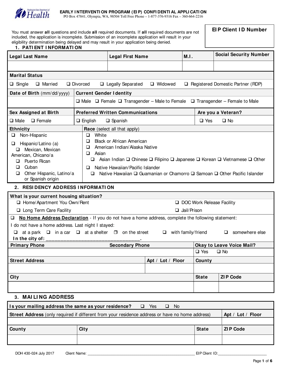 DOH Form 430-024 Early Intervention Program (Eip) Confidential Application for Current or Returning Clients - Washington, Page 1