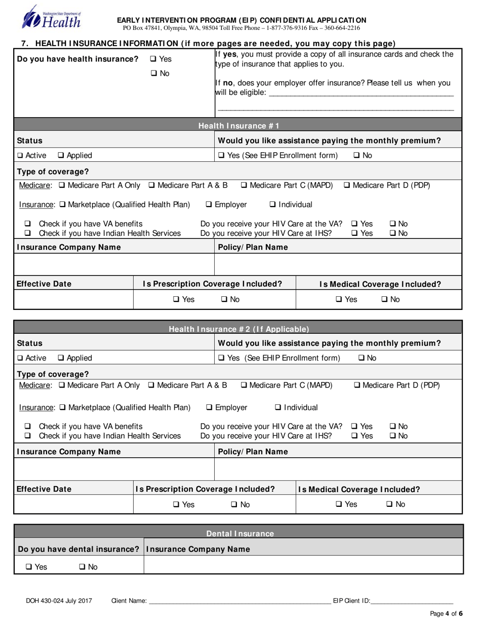 DOH Form 430-024 Early Intervention Program (Eip) Confidential Application for Current or Returning Clients - Washington, Page 4