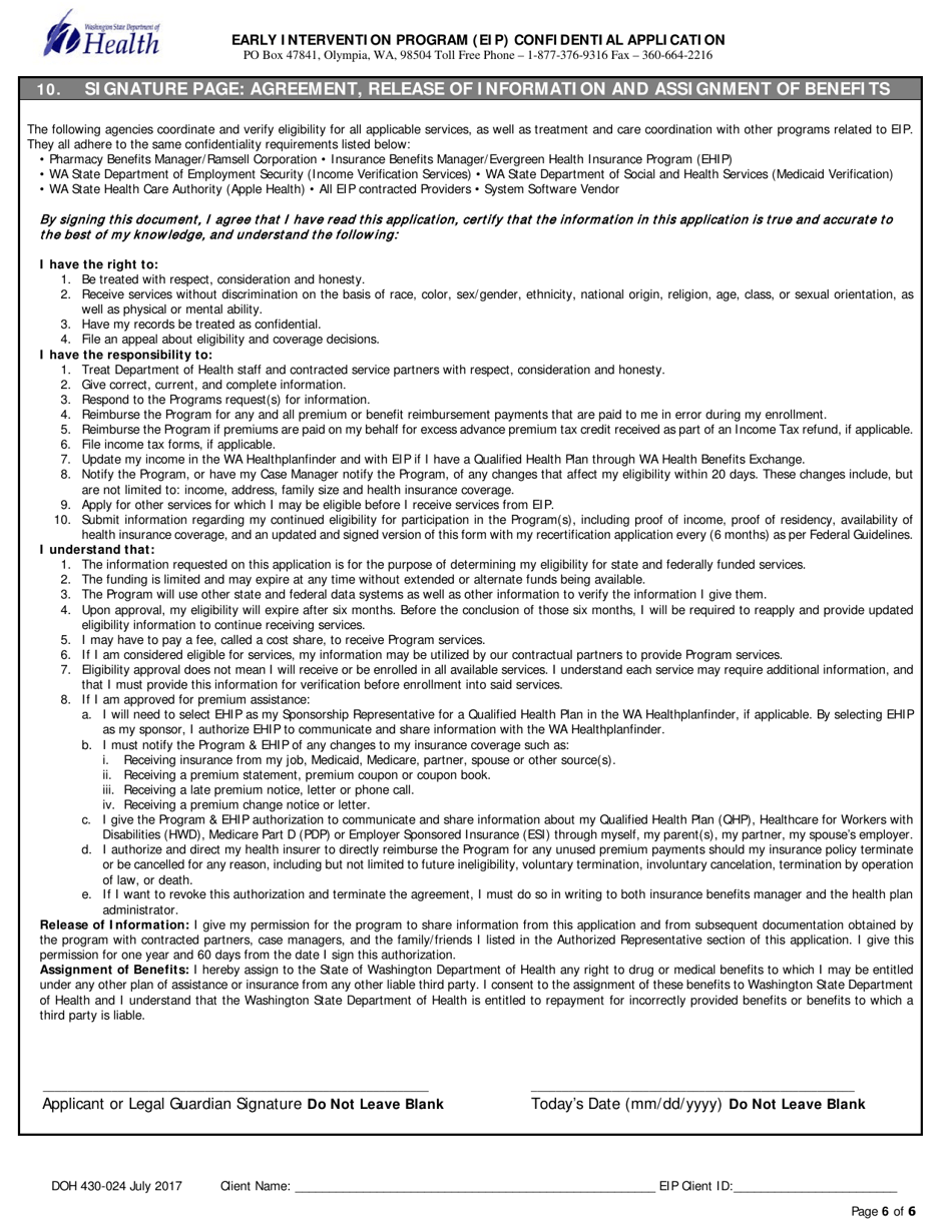 DOH Form 430-024 Early Intervention Program (Eip) Confidential Application for Current or Returning Clients - Washington, Page 6