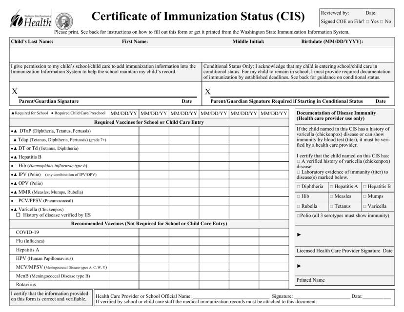 DOH Form 348-013 Certificate of Immunization Status (Cis) - Washington