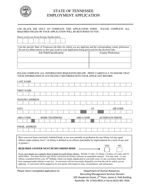 Employment Application - Tennessee Download Pdf