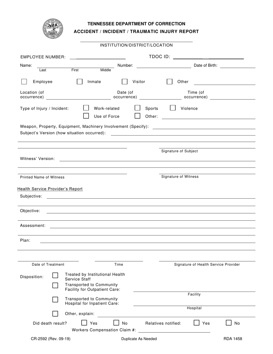 Form CR-2592 Accident / Incident / Traumatic Injury Report - Hairstyles / Dress Code / Grooming - Tennessee, Page 3