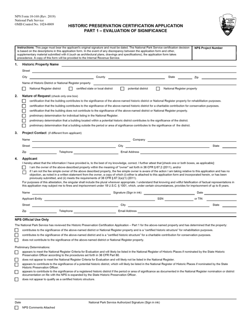 NPS Form 10-168 Part I  Printable Pdf
