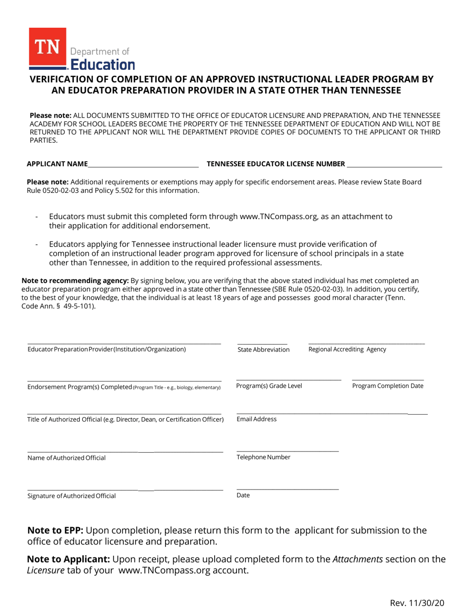 Tennessee Verification of Completion of an Approved Instructional