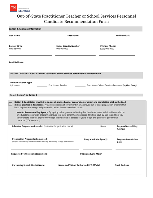 Out-of-State Practitioner Teacher or School Services Personnel Candidate Recommendation Form - Tennessee Download Pdf