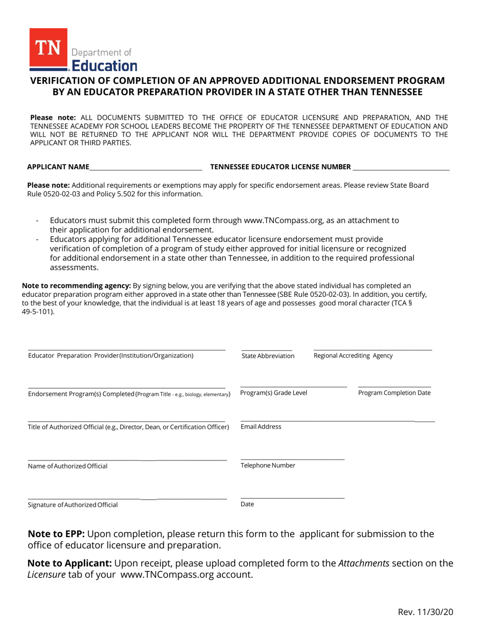 Verification of Completion of an Approved Additional Endorsement Program by an Educator Preparation Provider in a State Other Than Tennessee - Tennessee, Page 1