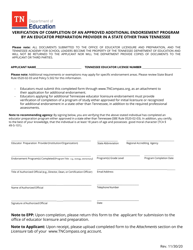 Verification of Completion of an Approved Additional Endorsement Program by an Educator Preparation Provider in a State Other Than Tennessee - Tennessee