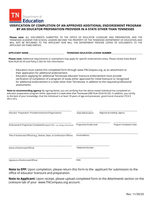 Verification of Completion of an Approved Additional Endorsement Program by an Educator Preparation Provider in a State Other Than Tennessee - Tennessee Download Pdf