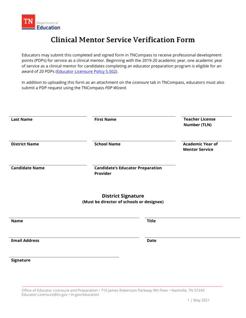 Clinical Mentor Service Verification Form - Tennessee Download Pdf