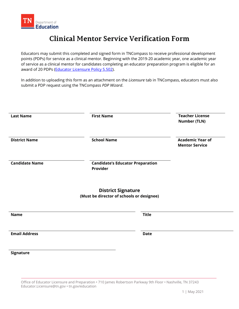 Clinical Mentor Service Verification Form - Tennessee, Page 1
