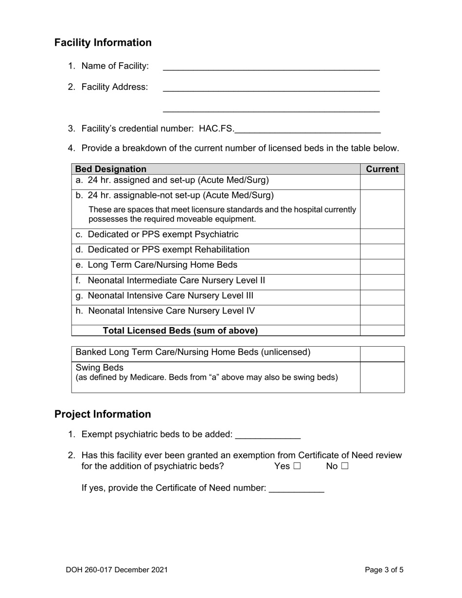 DOH Form 260-017 Hospital Psychiatric-Bed Addition Exemption Certificate of Need - Washington, Page 3