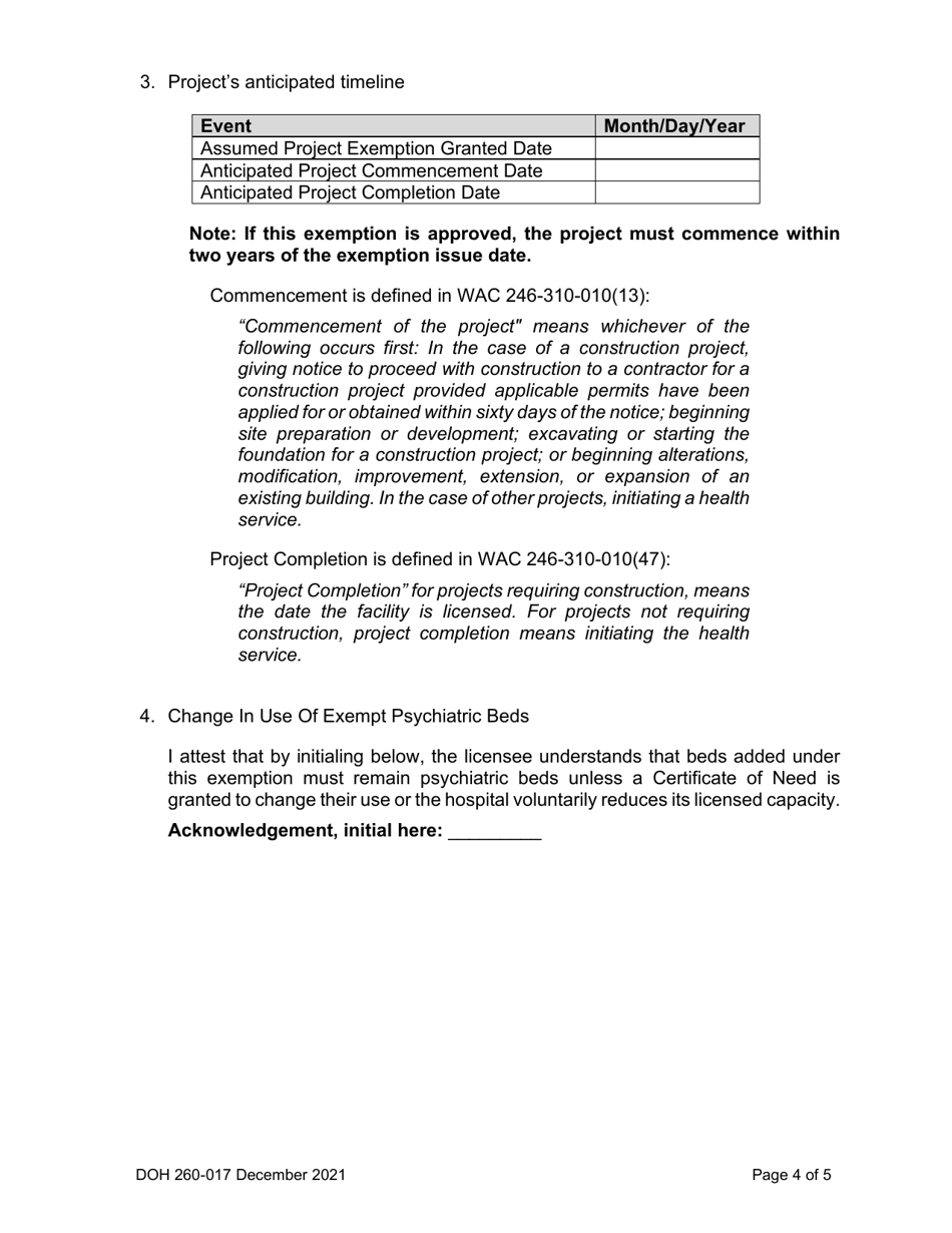 DOH Form 260-017 Hospital Psychiatric-Bed Addition Exemption Certificate of Need - Washington, Page 4