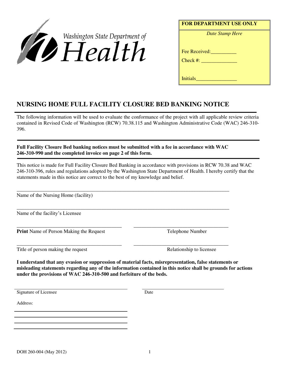 DOH Form 260-004 Nursing Home Full Facility Closure Bed Banking Notice - Washington, Page 1