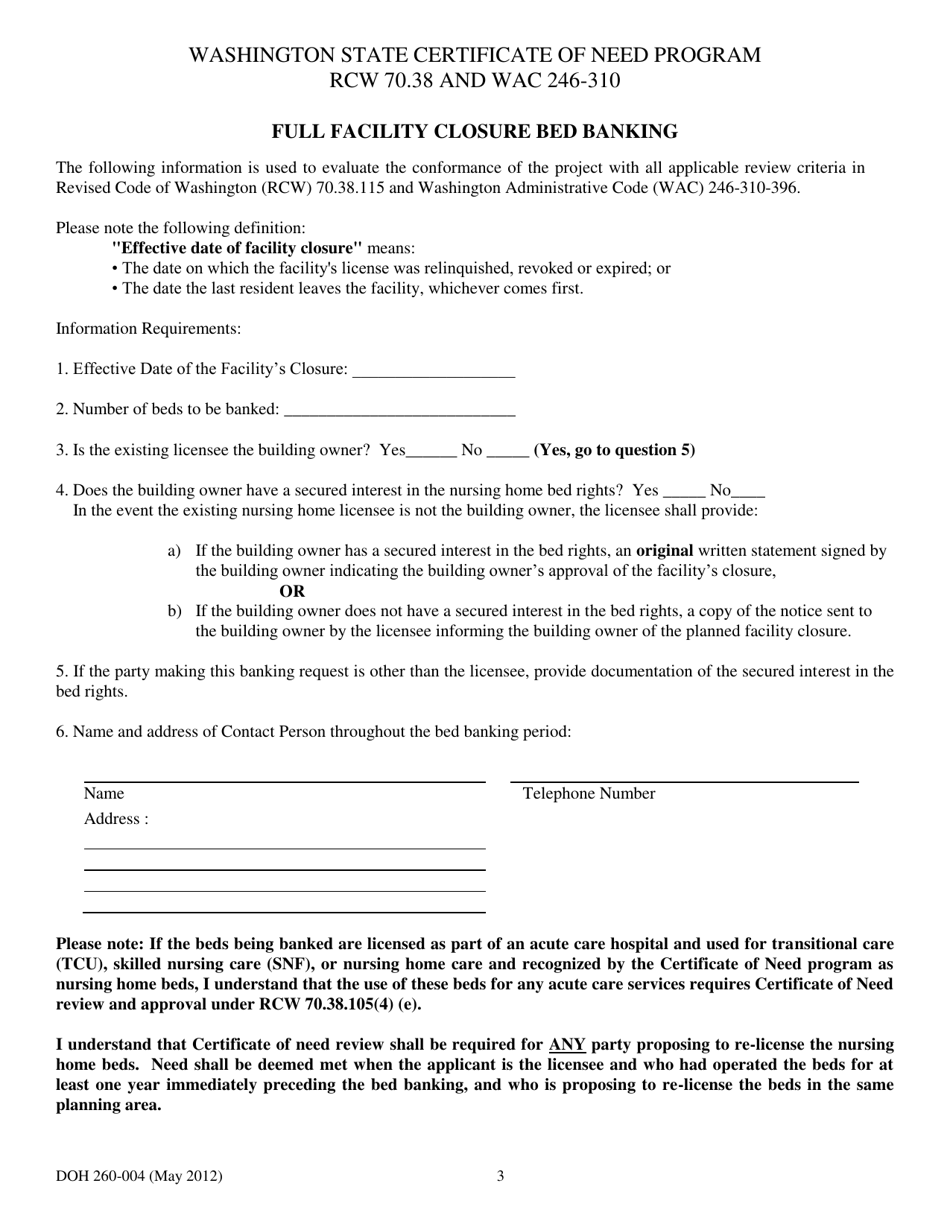 DOH Form 260-004 Nursing Home Full Facility Closure Bed Banking Notice - Washington, Page 3