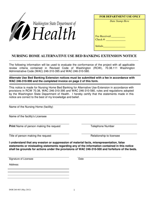 DOH Form 260-003 Nursing Home Alternative Use Bed Banking Extension Notice - Washington