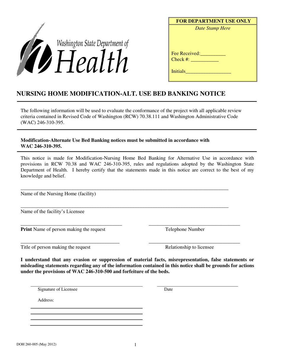 DOH Form 260-005 Nursing Home Modification-Alt. Use Bed Banking Notice - Washington, Page 1