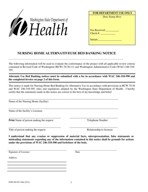 DOH Form 260-001 Nursing Home Alternativeuse Bed Banking Notice - Washington