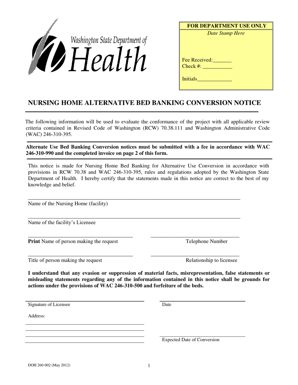 DOH Form 260-002 Nursing Home Alternative Bed Banking Conversion Notice - Washington, Page 1