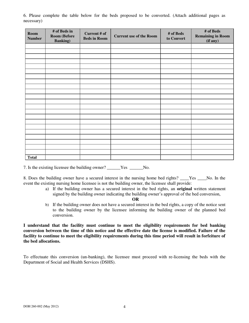 DOH Form 260-002 Nursing Home Alternative Bed Banking Conversion Notice - Washington, Page 4