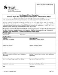 DOH Form 260-011 Certificate of Need-Exemption Nursing Home Bed Replacement or Renovation Authorization Notice - Washington
